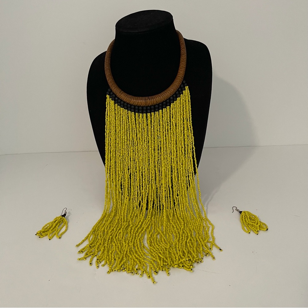 Handmade Yellow Beaded Oversized Statement Fringe Necklace And Earring Set